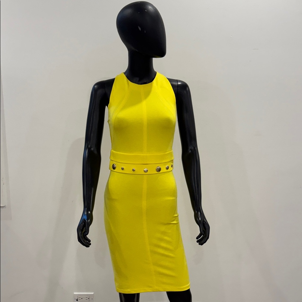 Versace Neon Yellow Bodycon Dress Medusa Stud Belt Size 38 / US 4 Never Worn